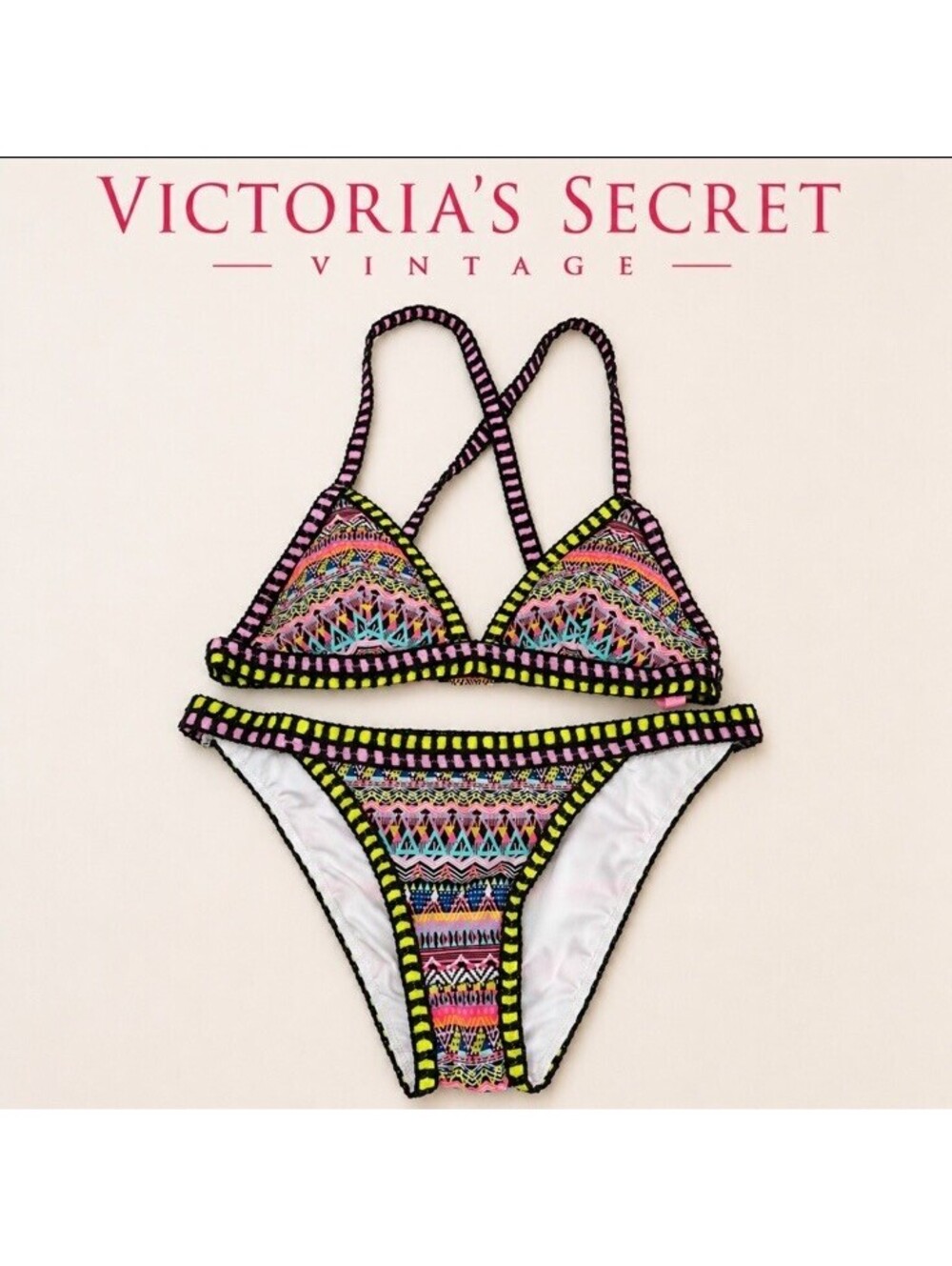 Vintage Y2K Victoria’s Secret Crochet Neon Aztec Stripe Bikini Size Small